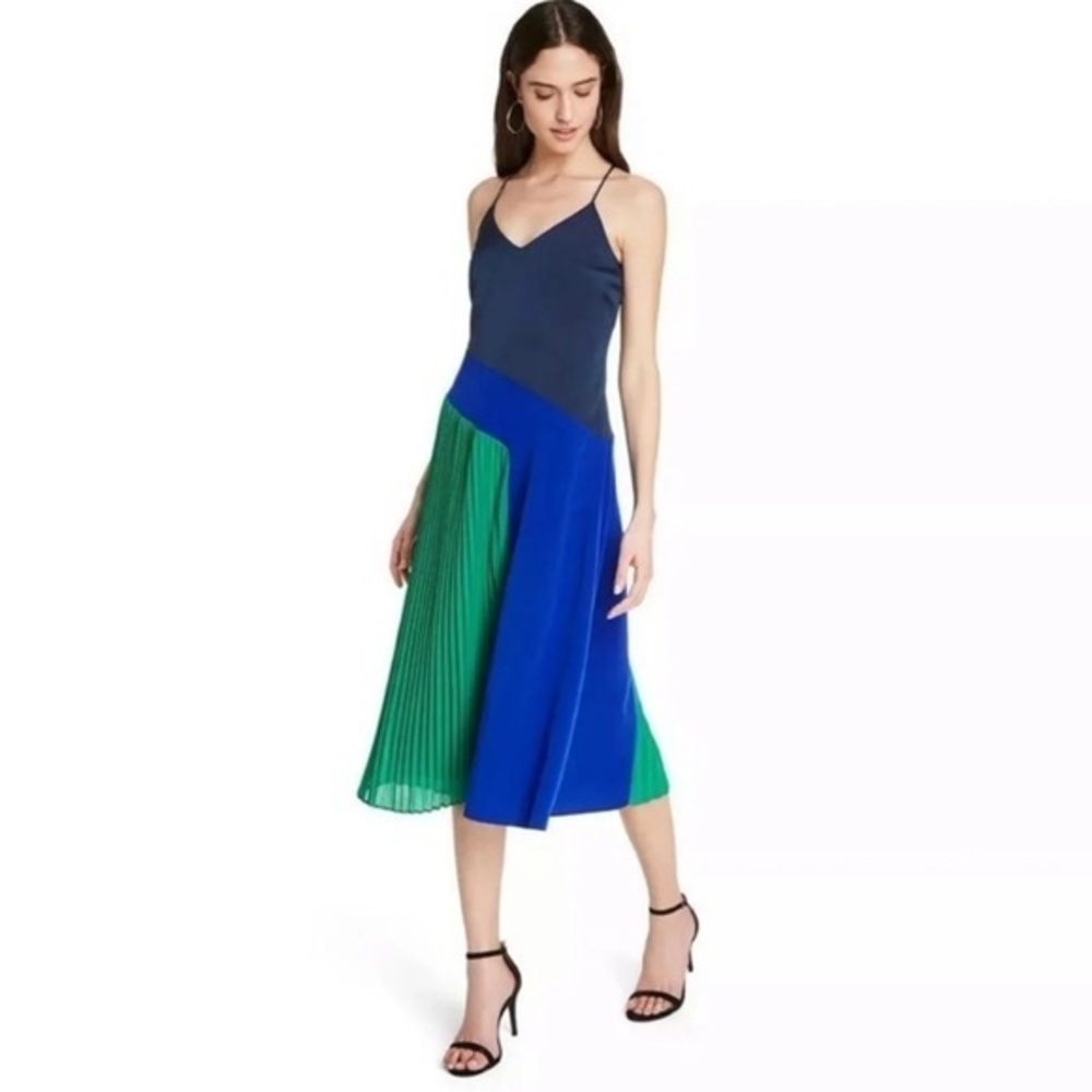 Cushnie Navy, Royal Blue & Emerald Green Colorblock Midi Dress
